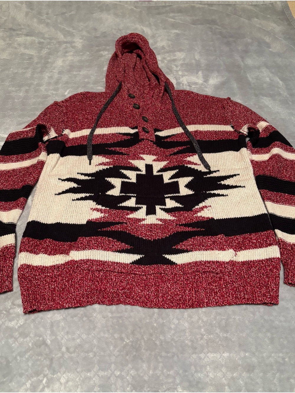 American Eagle Outfitters Red, Cream & Black Aztec Hooded Sweater